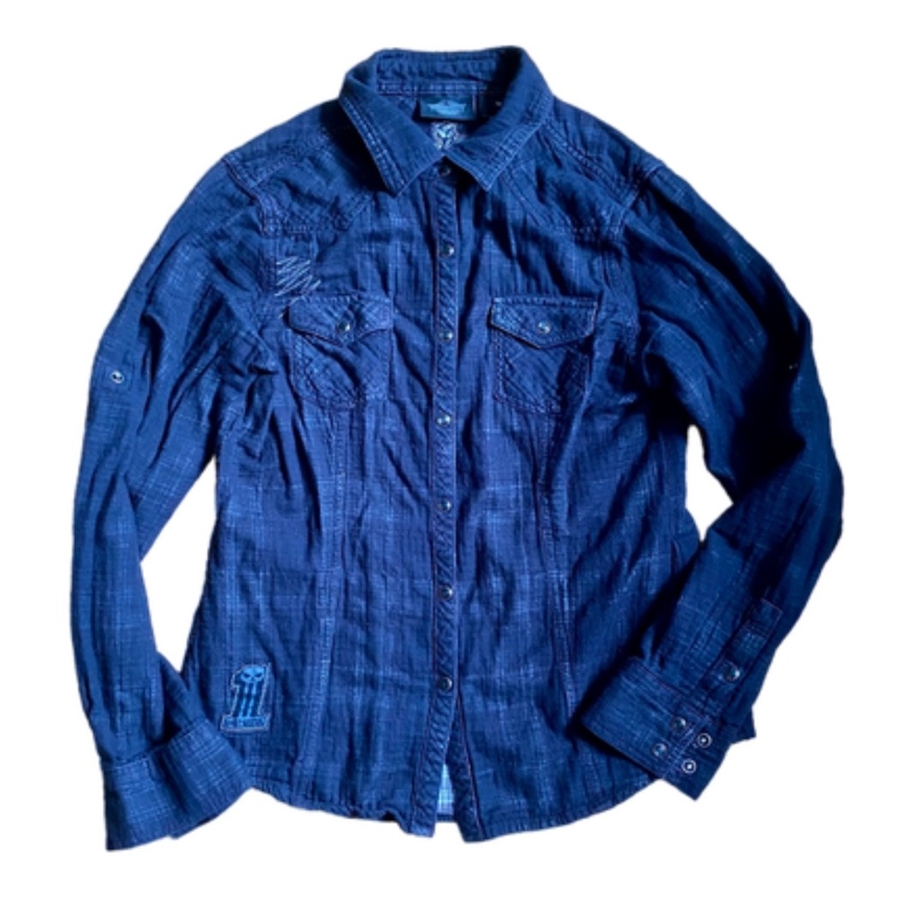 DEEP GREY PLAID HARLEY DAVIDSON COLLAR BUTTON UP WITH LONG SLEEVES